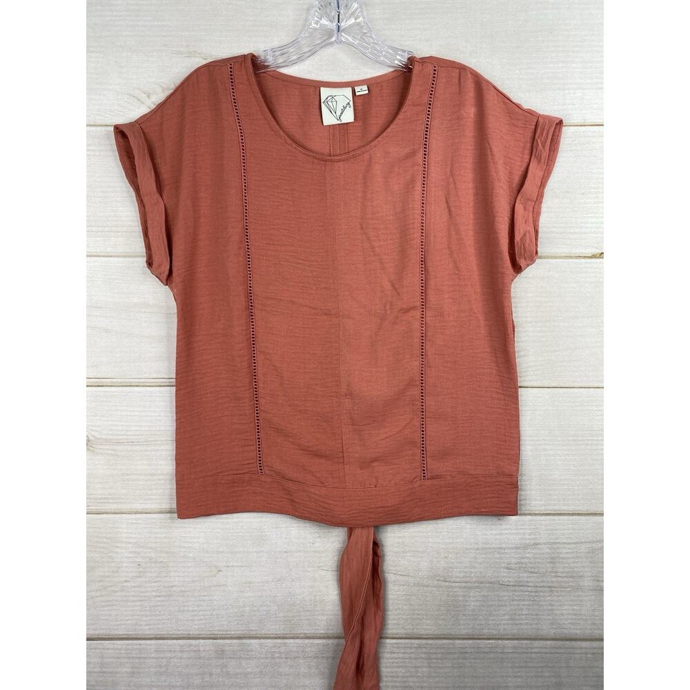 Janet Chung Top Womans M Coral Tie Back Cuffed Short Sleeve Lightweight Flowy